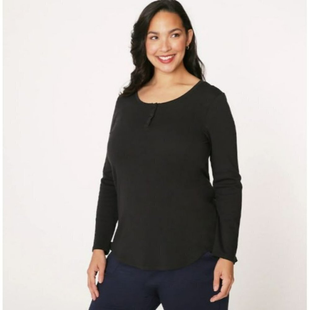 Isaac Mizrahi New York Essential Pima Cotton Long Sleeve Henley Top, Szs L & XXL